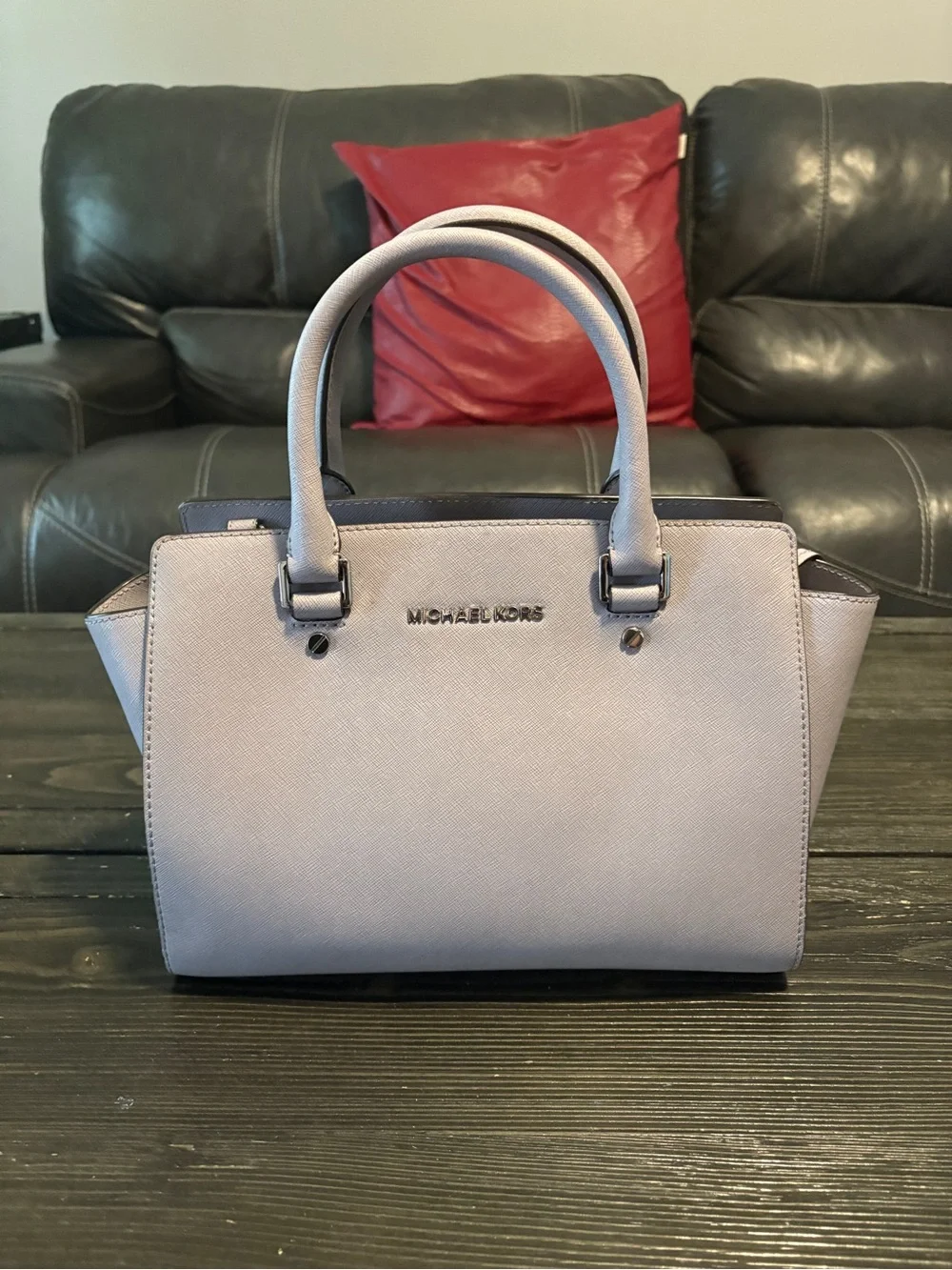 MICHAEL KORS Pale Gray Saffiano Leather Satchel